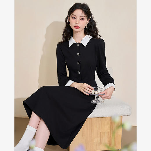 法式浪漫赫本风优雅针织连衣裙女秋季甜欲少女撞色连衣裙V3342207 商品图0