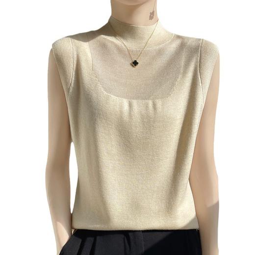 QHJY-1002精纺羊毛背心女内搭砍袖打底衫薄款纯色夏季无袖上衣镂空t恤半高 商品图4