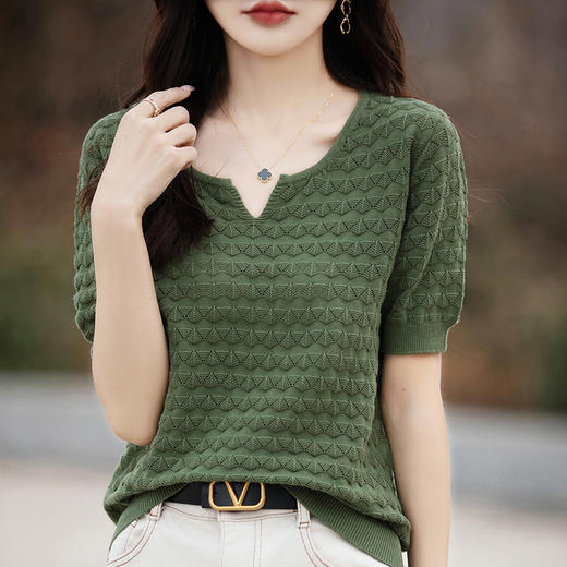 QHJY-JY1064全棉圆领针织衫T恤女2024夏季薄款短袖t恤洋气鸡心领气质棉短袖女 商品图3