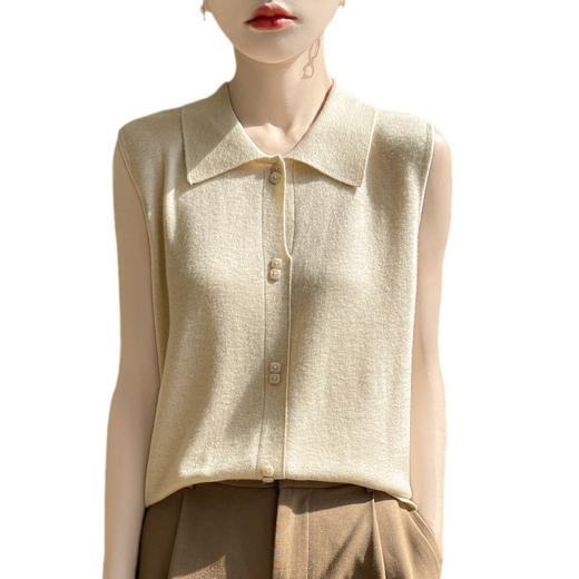 QHJY-JY1086新款POIO领无袖精纺羊毛针织女打底衫纯色翻领内搭叠穿针织背心 商品图4