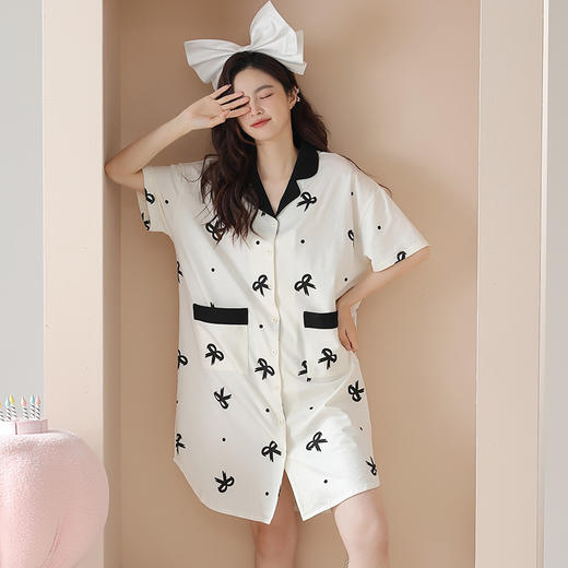丁摩 【抗菌拉架棉】女士睡衣夏季纯棉可外穿蝴蝶结睡裙开衫家居服套装4ZF-3160 商品图6