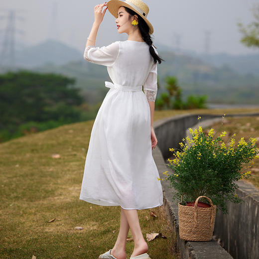 夏款圆领七分袖系带大码蕾丝拼接苎麻连衣裙TT96125 商品图1