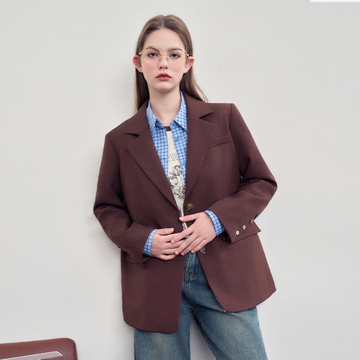 西遇咖色西装外套女新款宽松翻领垫肩正装休闲西服D3342232 商品图0