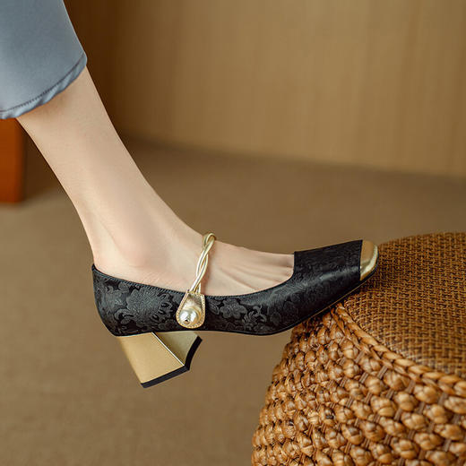 「国风汉元素！轻奢款」玛丽珍高跟鞋2024年夏新款法式粗跟方头浅口单鞋女 商品图3