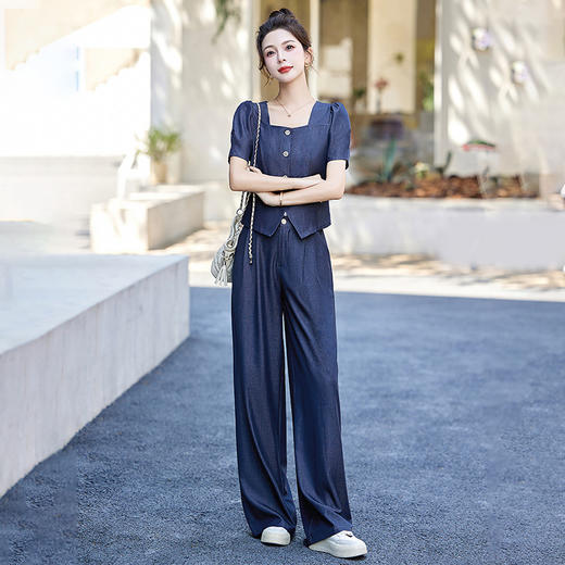 雀说 夏泡泡袖上衣薄款天丝牛仔套装女阔腿裤洋气两件套4ZF-2871 商品图2