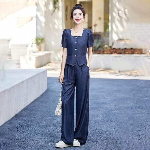 雀说 夏泡泡袖上衣薄款天丝牛仔套装女阔腿裤洋气两件套4ZF-2871 商品图1