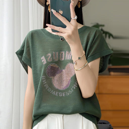 QHJY-JY1189针织短袖女 24新款夏季大码冰丝针织衫烫钻圆领t恤凉感竹节麻上衣 商品图3