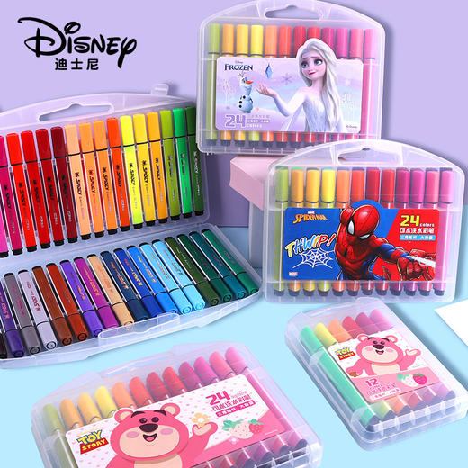 迪士尼水彩笔儿童水性12色24色36色画笔幼儿园可水洗三角杆彩色笔笔盒开学季文具套装 商品图0