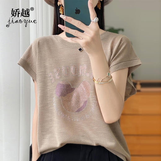 QHJY-JY1189针织短袖女 24新款夏季大码冰丝针织衫烫钻圆领t恤凉感竹节麻上衣 商品图0