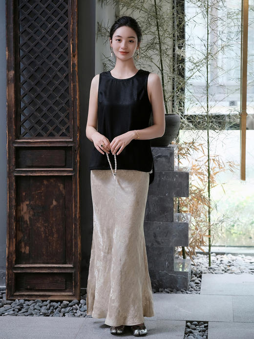 盛唐牡丹 |繁花纹丝麻松紧腰半裙 商品图0