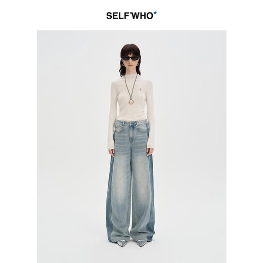SELFWHO纯棉复古做旧拼接牛仔裤女秋季2024新款宽松百搭阔腿裤子 商品图1
