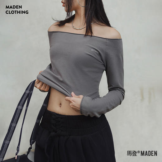 马登一字领T恤设计感长袖针织衫气质内搭打底显瘦纯色上衣春秋女 商品图0