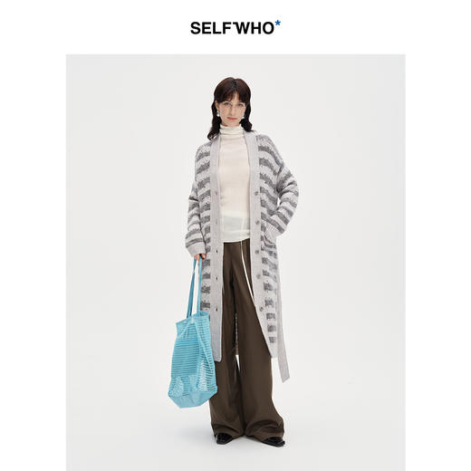 SELFWHO丝光马海毛条纹针织开衫毛衣外套女2024秋季新款长款上衣 商品图0