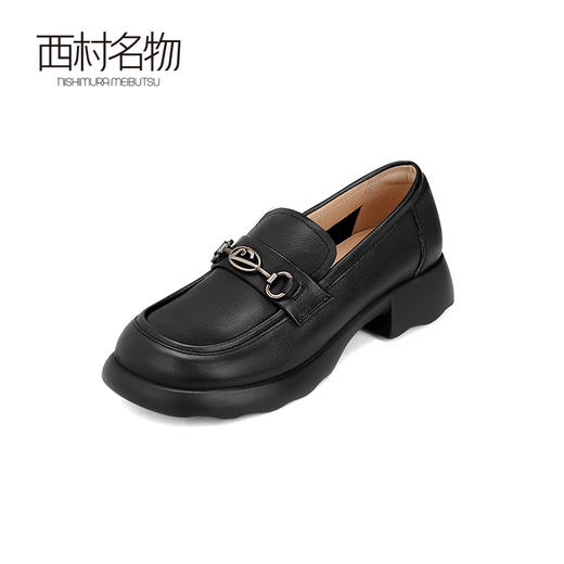 西村名物2024秋季新款百搭舒适软底真皮皮鞋中跟粗跟一脚蹬乐福鞋X24CM37851 商品图0