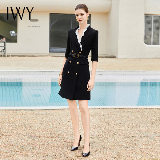 IWY/新款黑色七分袖西装裙高级感双排扣正式场合招待职业连衣裙Q1129 商品图4