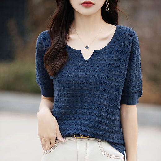 QHJY-JY1064全棉圆领针织衫T恤女2024夏季薄款短袖t恤洋气鸡心领气质棉短袖女 商品图2