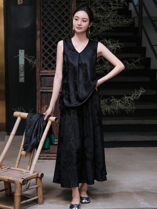 盛唐牡丹 |黑色文竹真丝提花背心 商品图2