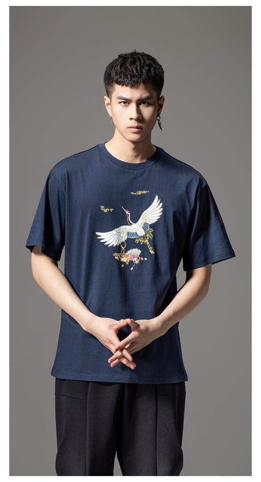 PINLI品立新中式2024夏季新款男仙鹤祥云烫钻短袖T恤BG242111024 商品图8