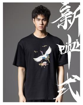PINLI品立新中式2024夏季新款男仙鹤祥云烫钻短袖T恤BG242111024