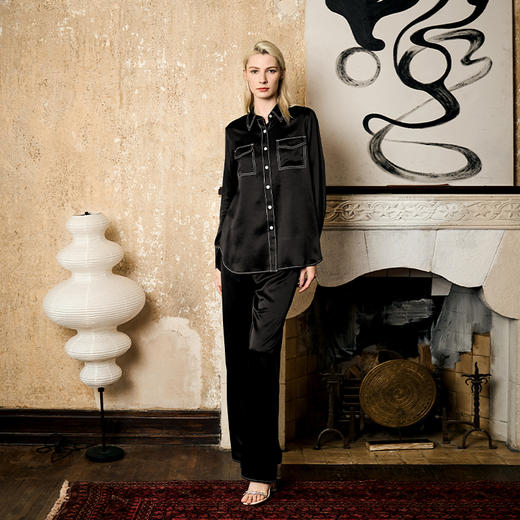 Solo seta22姆米真丝睡衣套装女桑蚕丝纯色工装衬衫长裤2025秋冬 商品图1