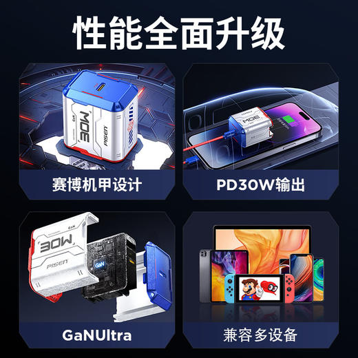 品胜gamer PD30W游戏系列单口氮化镓快速充电器 支持PD协议的笔记本电脑充电 快充充电头红蓝玩家 商品图2