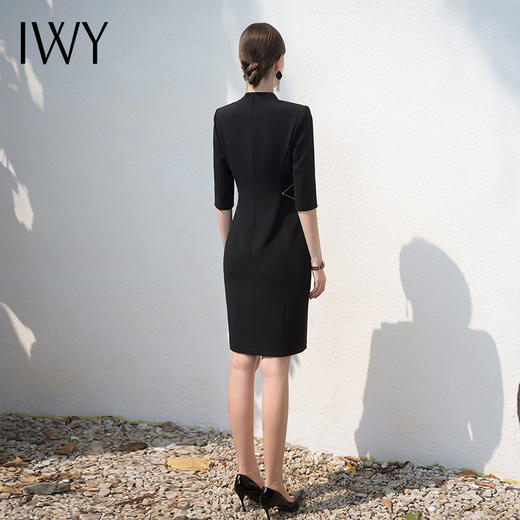 IWY/黑色连衣裙女七分袖售楼部干练设计感通勤接待工作服ol正装裙Q1096 商品图3