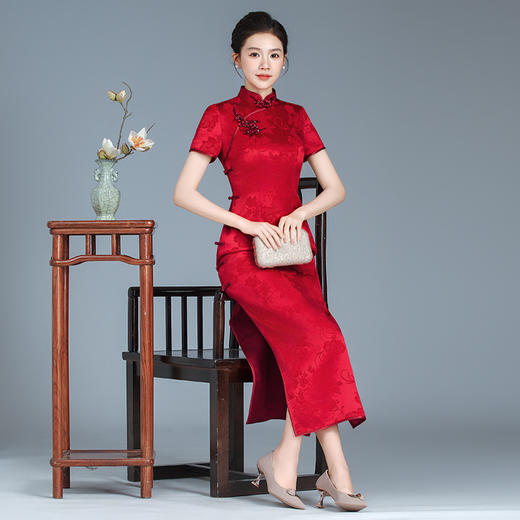 LHS-B129新款醋酸缎改良旗袍连衣裙喜婆婆婚宴结婚礼妈妈装礼服敬酒服高贵 商品图2