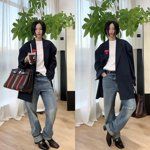 HIDEMI 秀款极简大廓形垫肩大宽肩藏蓝色色织条纹男朋友西装 商品图4