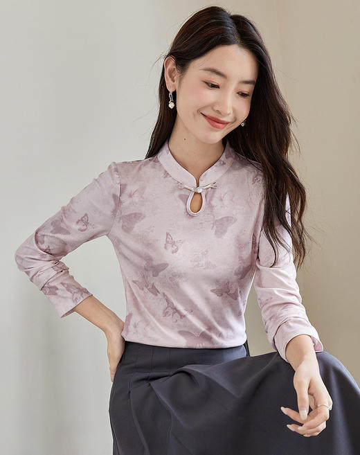 【年终特卖】熙世界国风新中式水墨蝴蝶印花T恤长袖盘扣立领上衣2025秋新款 商品图5