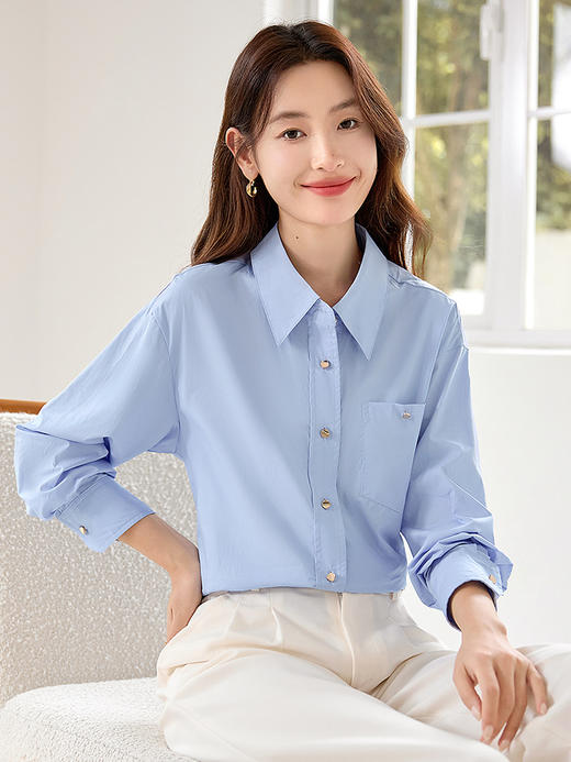 【年终特卖】熙世界多巴胺纯色休闲长袖衬衫2025年秋季新款法式通勤纯棉衬衣 商品图5