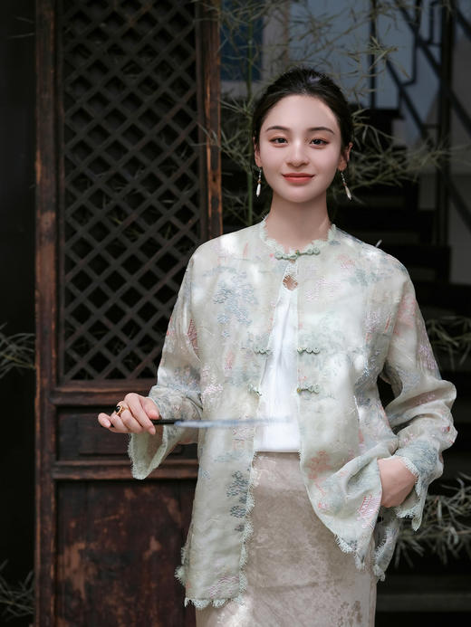 盛唐牡丹 |薄荷绿真丝绡如意湖亭外套 商品图0