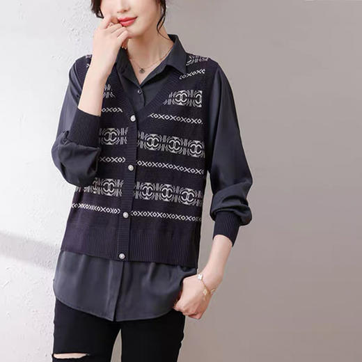 SMZ19367秋装针织假两件上衣女装2024年新款别致洋气长袖时尚Polo领小衫潮 商品图3