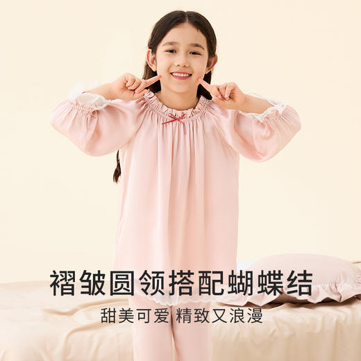 金三塔儿童真丝睡衣100%桑蚕丝蕾丝荷叶边圆领女童家居服衣裤套五分裤  BBY033 商品图2