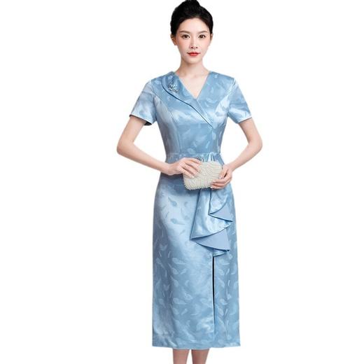 LHS-A17醋酸缎旗袍裙高贵短款连衣裙年轻婆婆婚宴妈妈装显瘦小个子晚礼服 商品图4
