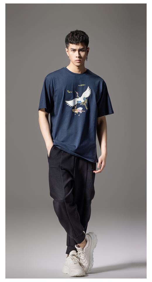 PINLI品立新中式2024夏季新款男仙鹤祥云烫钻短袖T恤BG242111024 商品图3