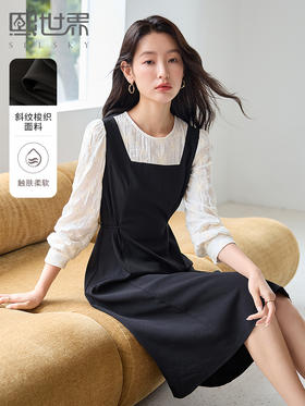 【专属特价】熙世界法式赫本千金风黑色连衣裙秋长袖刺绣拼接假两件显瘦裙子