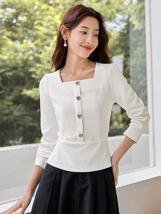 【五折购】熙世界法式方领针织衫女2025秋季新款收腰时尚洋气长袖T恤上衣 商品图5