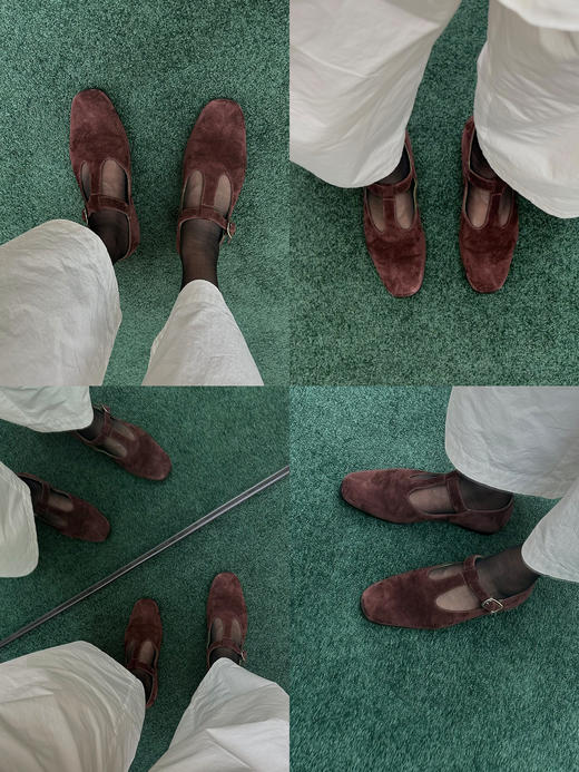 HIDEMI 【董生活同款】进口做旧麂皮复古方圆头宽带玛丽珍平底鞋 复古红/姜黄色/巧克力棕 商品图1