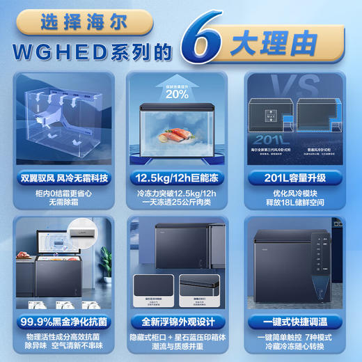 海尔（Haier）201升风冷无霜冰柜家用商用一级能效省电保鲜全冷冻卧式冷柜-38°深冷BC/BD-201WGHED 商品图3