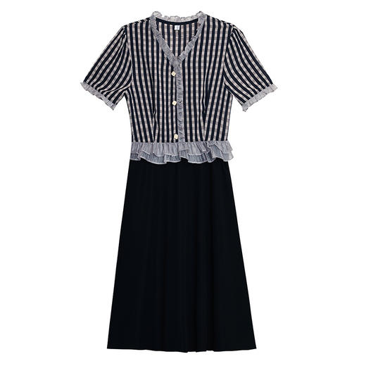 雀说条纹连衣裙新款时尚洋气V领拼接假两件胖MM显瘦中长裙AL8533 商品图4