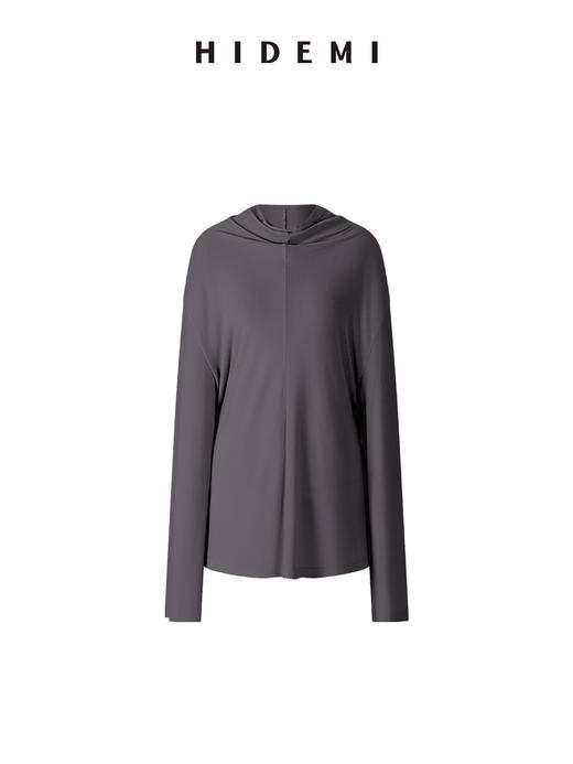 HIDEMI 经典极简立领堆堆领甄选醋酸羊毛弹力绒感针织长袖上衣 奶茶色/艺术炭灰 商品图6