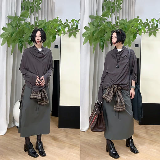 HIDEMI 经典极简立领堆堆领甄选醋酸羊毛弹力绒感针织长袖上衣 奶茶色/艺术炭灰 商品图1