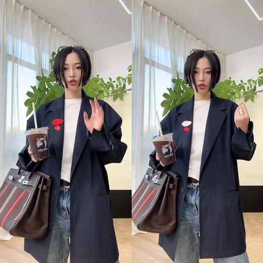 HIDEMI 秀款极简大廓形垫肩大宽肩藏蓝色色织条纹男朋友西装 商品图3