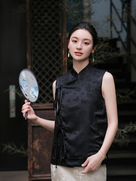 盛唐牡丹 |黑色如意葫芦纹真丝双面穿马甲 商品图4