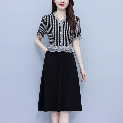 雀说条纹连衣裙新款时尚洋气V领拼接假两件胖MM显瘦中长裙AL8533 商品图2