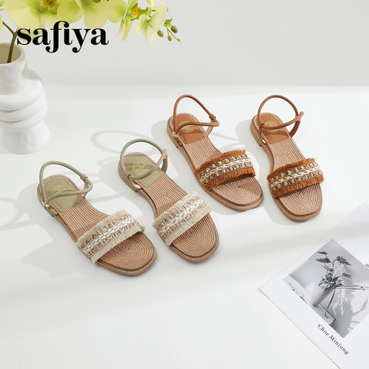 Safiya/索菲娅2024夏波西米亚风复古外穿平底休闲一字带凉鞋 SF42115022 商品图1