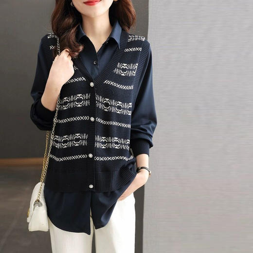 SMZ19367秋装针织假两件上衣女装2024年新款别致洋气长袖时尚Polo领小衫潮 商品图2