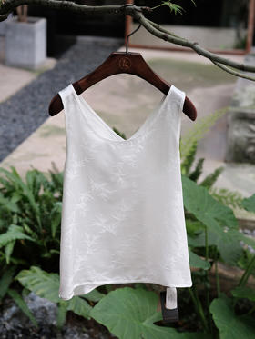 盛唐牡丹 |竹叶纹珍珠白真丝背心