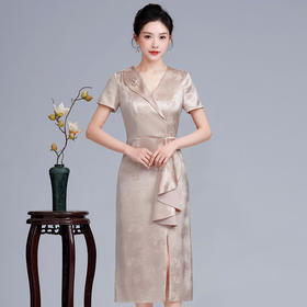 LHS-A17醋酸缎旗袍裙高贵短款连衣裙年轻婆婆婚宴妈妈装显瘦小个子晚礼服