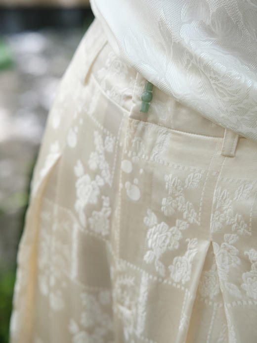 盛唐牡丹 |珍珠白Paisley纹冠乐绉女裤 商品图2